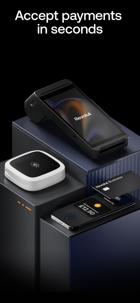 Revolut POS - A display of Revolut POS hardware including a handheld terminal card reader and mobile phone showing a payment screen