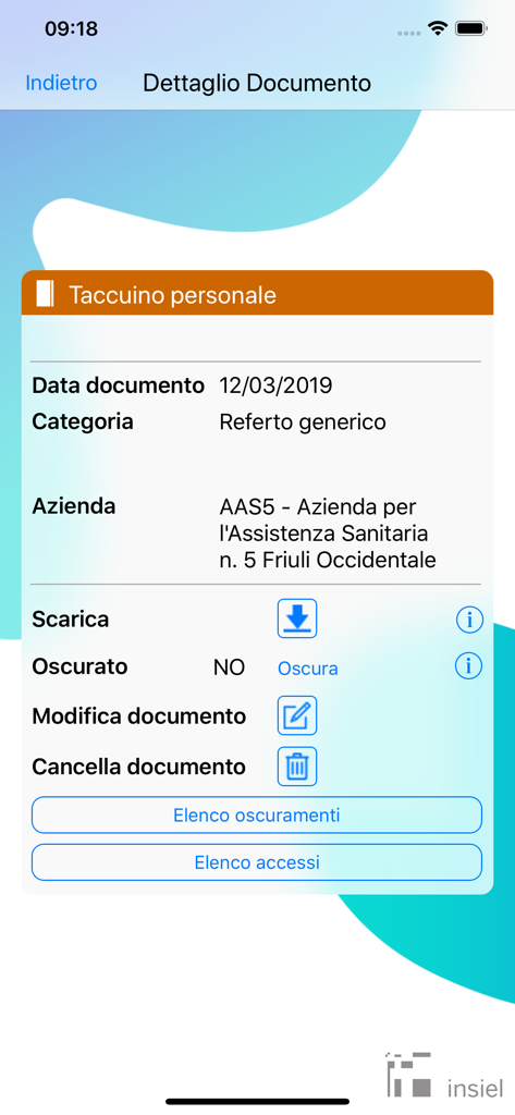 Ecrã da aplicação Sesamo FSE mostrando detalhes do documento médico e opções de gestão