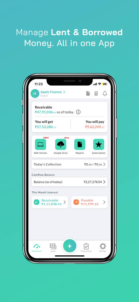 Dashboard view of the Loan Book and Debt Manager app showing receivables, payables, and cash flow totals.