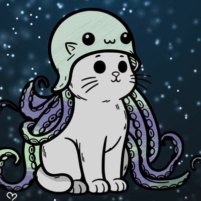 cat sitting down wearing an octopus hat with the octopus tentacles falling on the side of it’s body