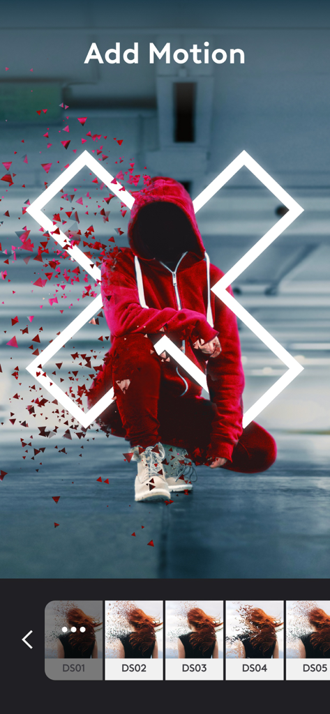 Photoleap-App-Oberfläche, die einen Dispersionseffekt und das Bewegungswerkzeug auf einem Foto demonstriert