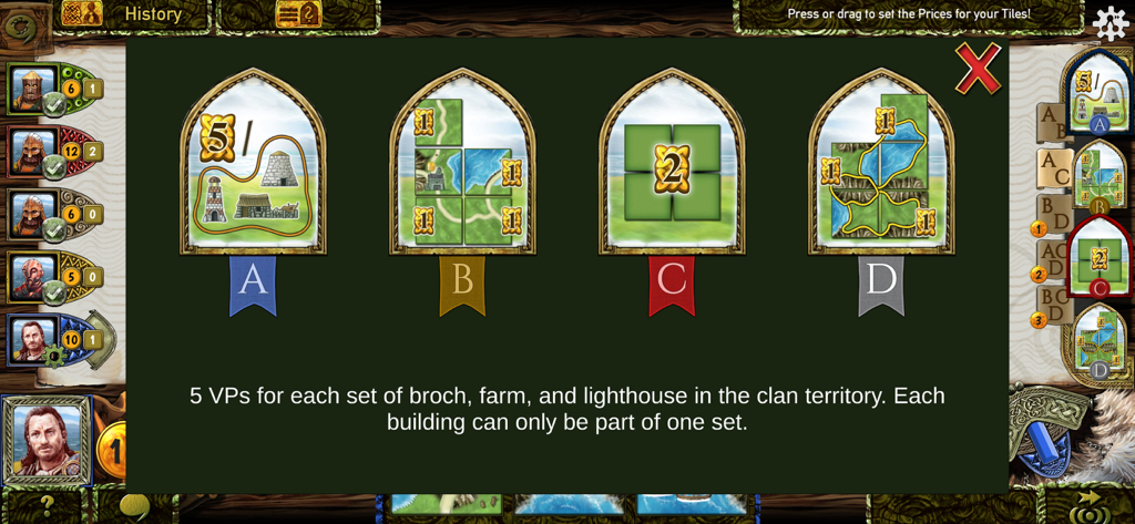Isle of Skye - Isle of Skye game interface displaying four scoring objectives and clan territory rules.