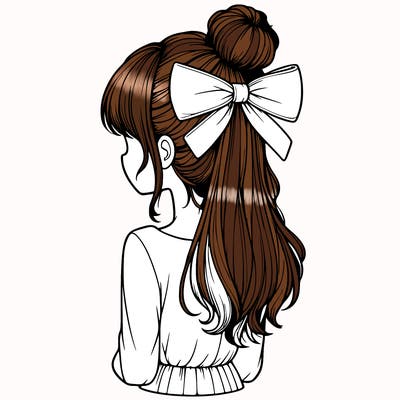 realistic girl  with hip length hair a bun and a big bow on the back of head