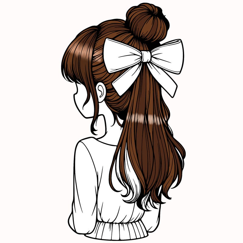 realistic girl  with hip length hair a bun and a big bow on the back of head