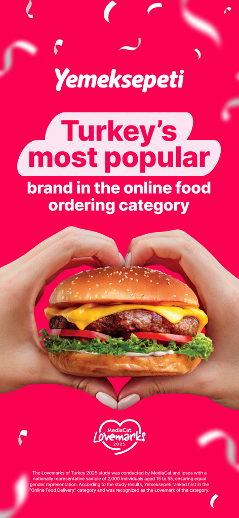 Yemeksepeti: Food & Grocery - Hands forming a heart around a burger with text stating Yemeksepeti is Turkeys most popular online food ordering brand