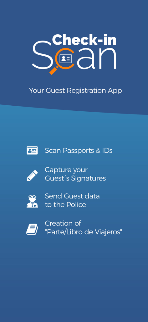 Interfaz de la aplicación Escaneo de Check-in que muestra las funciones de registro de huéspedes, incluyendo escaneo de identificación y firmas digitales