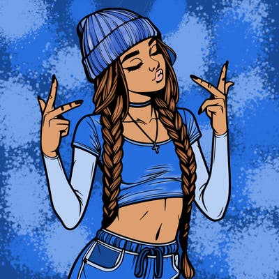 realistic teenage girl with braids and a beanie and crop top doing 🫶🏼
