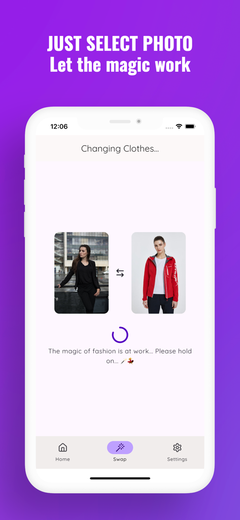OutfitSwap: AI Clothes Changer - Oberfläche einer mobilen App, die den Prozess des Kleiderwechsels mit KI und einem Ladekreis zeigt