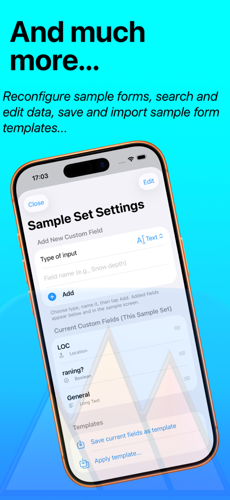 Screen for configuring custom data fields and form templates in the FieldApp Notebook app.