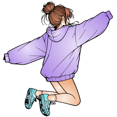 realistic girl jumping with a bun and oversized sweatshirt