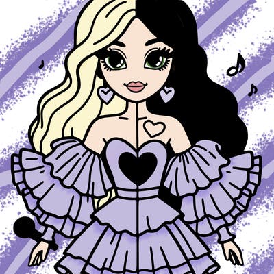 a singer with split dyed hair and a heart on her dress with ruffles as the shoulders