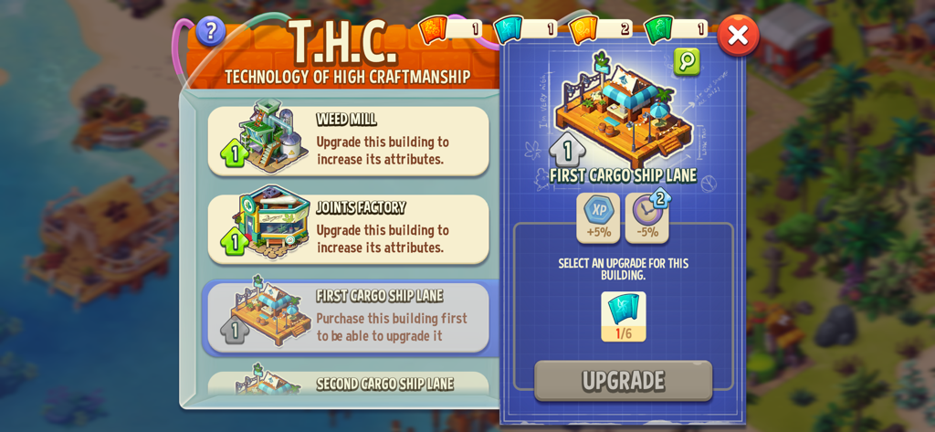 Hemp Paradise: 420 Weed Farm - Technology of High Craftsmanship menu in Hemp Paradise showing building upgrades for the weed mill and joints factory