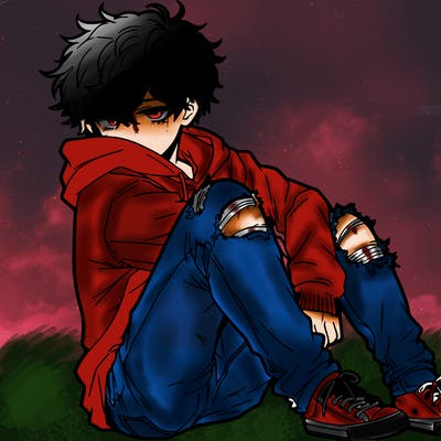 a male hoddie ripped jeans messy hair anime