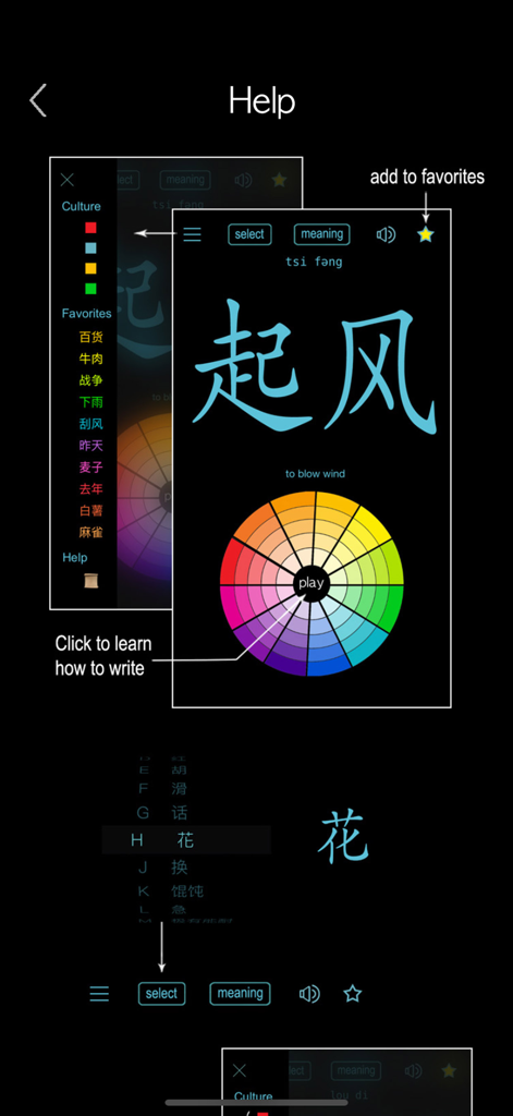 Schermata di aiuto dell'app Gan Chinese Dialect che mostra le istruzioni per la ruota, la funzione preferiti e la selezione delle parole.