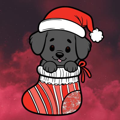 cute puppy wearing santa hat in socking