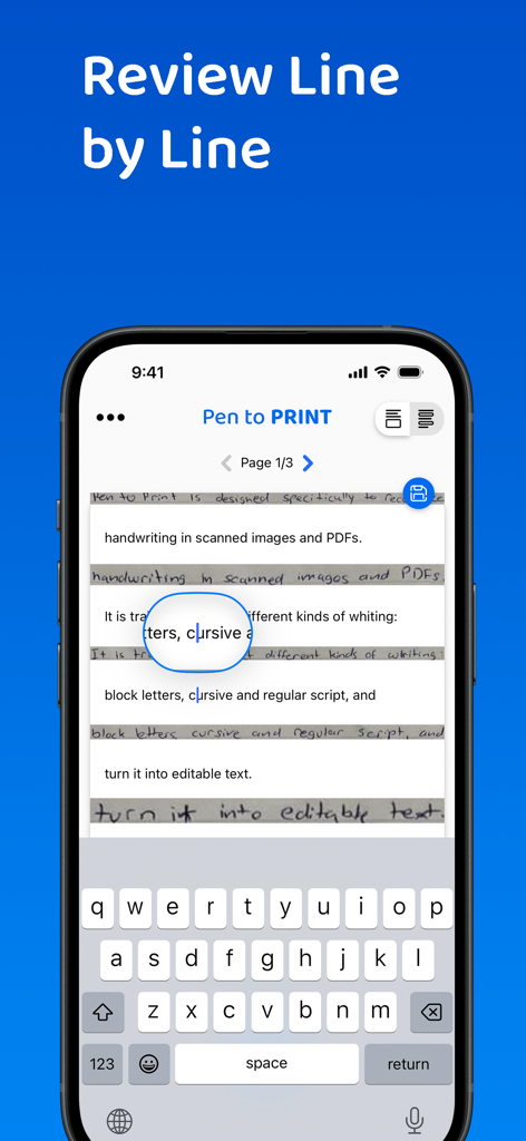 Smartphone showing the PenToPRINT app interface for reviewing and editing handwritten notes converted to digital text line by line.