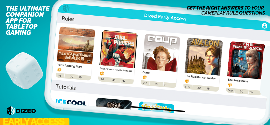 Dized - Board Game Companion - Dized app interface showing a library of board game rules and tutorials for tabletop enthusiasts
