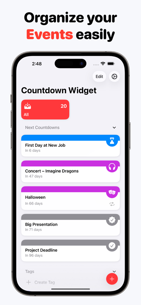 Countdown Widget: Day count - iPhone-Bildschirm mit einer Liste von Countdown-Ereignissen, einschließlich eines neuen Jobs und eines Konzerts.
