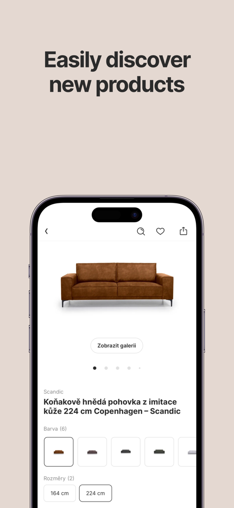 Bonami – Your Unique Home - A smartphone screen displaying a brown leather sofa on the Bonami furniture and home decor app.