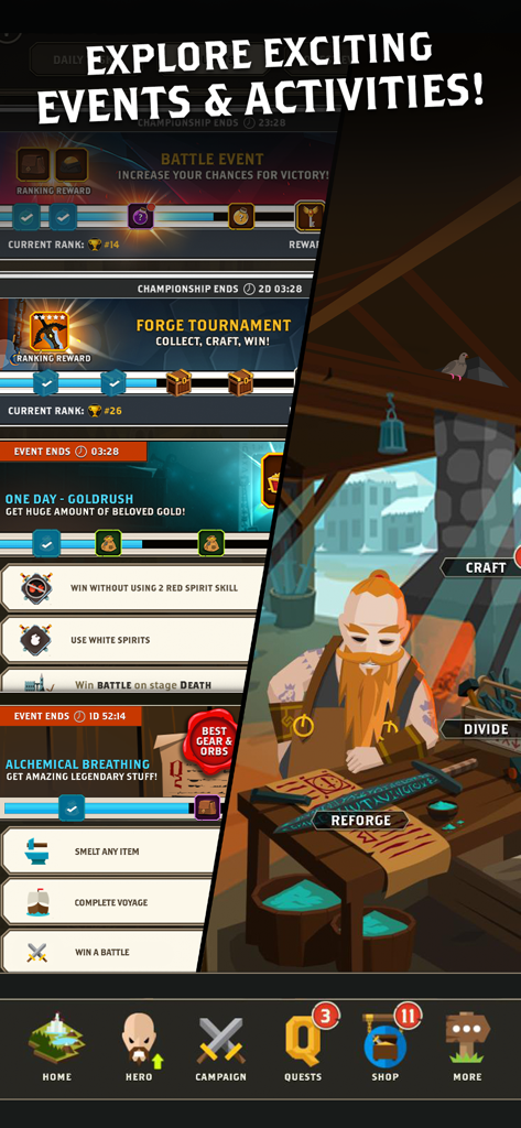 Questland: Turn Based RPG - A composite screen from Questland showing a list of battle events and a blacksmith in the forge crafting gear