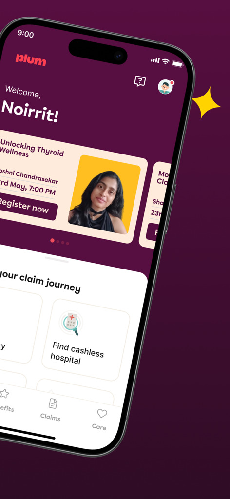 Plum: Health Benefits - Plum health benefits app interface showing personalized dashboard with wellness webinar and hospital locator