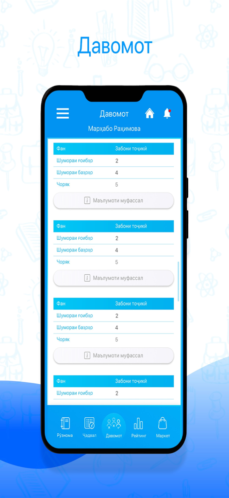 Pantalla de teléfono inteligente que muestra la sección de asistencia y rendimiento académico de la aplicación educativa eDonish