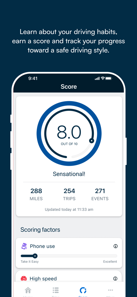 Routely℠ - Routely app dashboard displaying a safe driving score of 8.0 with trip stats and scoring factors like phone use.