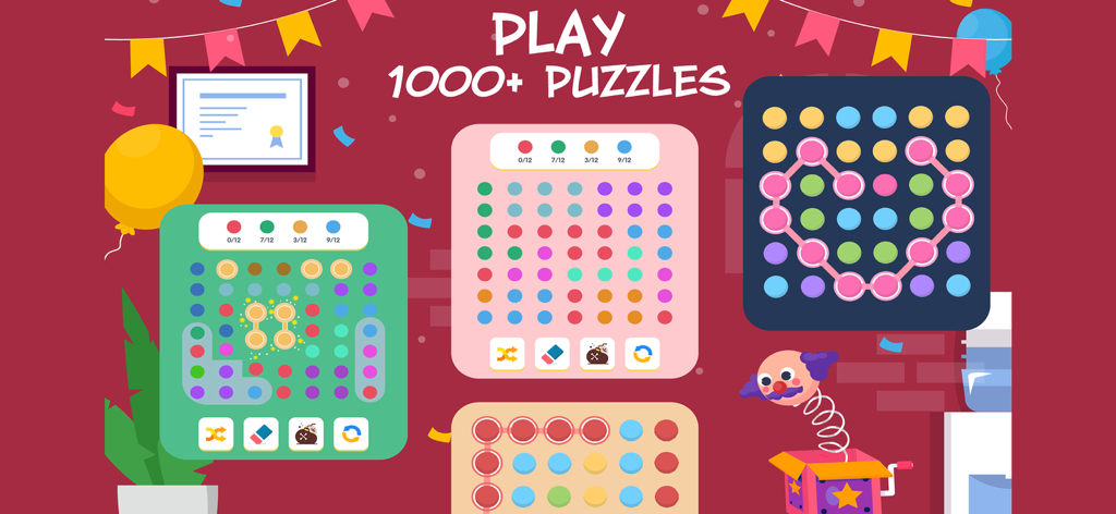 Two Link - Connect the Dots - A collection of various color dot connection puzzles from the Two Link game featuring a heart shaped path and a play 1000 plus puzzles banner