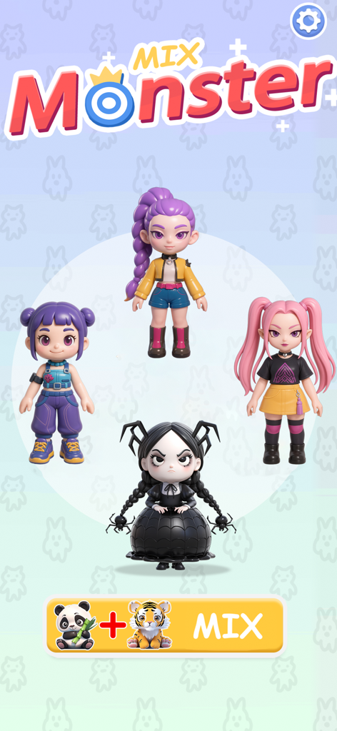 Game screen for Mix Monster featuring four unique girl characters and a menu to merge a panda and tiger.