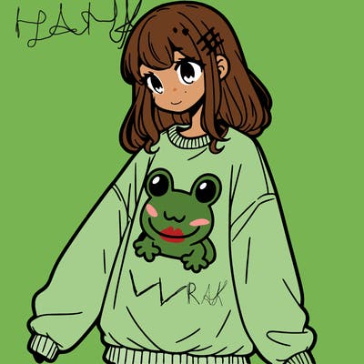 girl wearing frogging sweatshirt