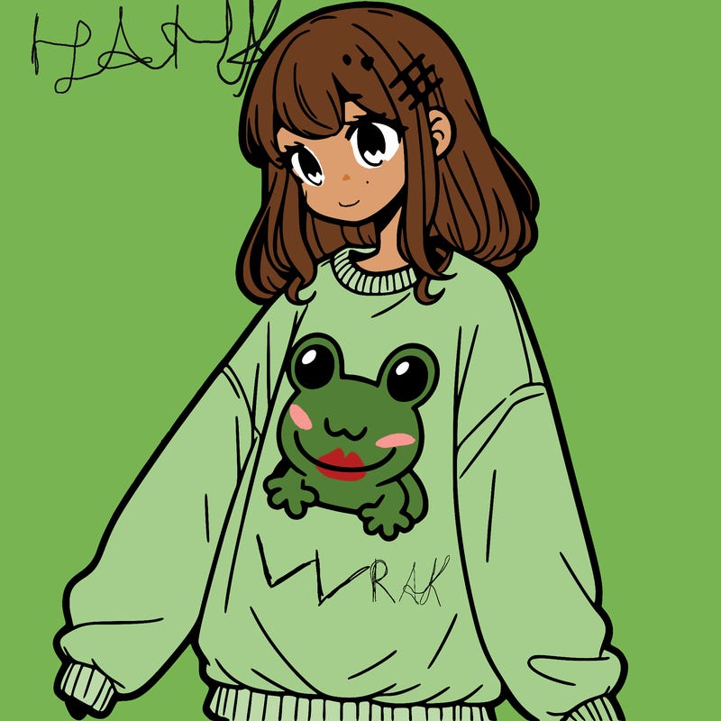 girl wearing frogging sweatshirt