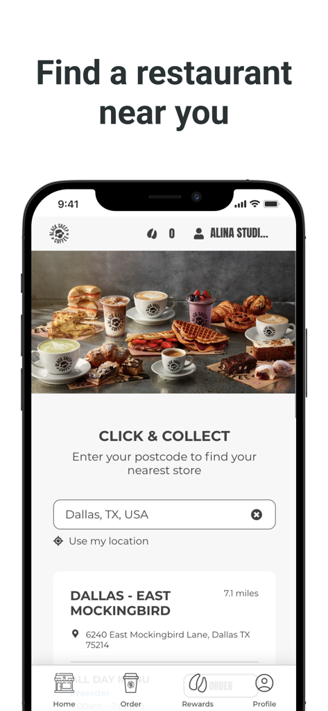 Black Sheep Coffee US - Black Sheep Coffee mobile app store finder screen showing Dallas location for click and collect