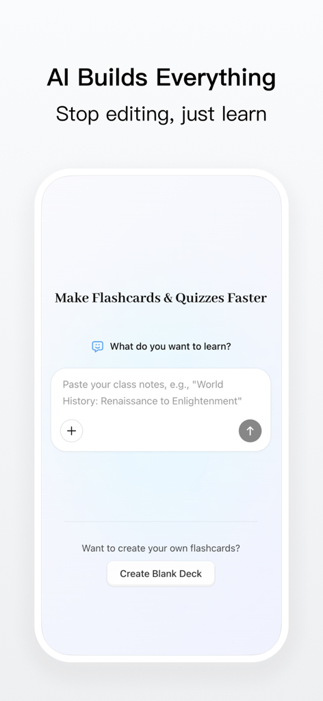 Keepmind: AI Flashcards - Interface de l'application Keepmind montrant la génération IA de cartes mémoire et de quiz à partir de notes d'étude collées.