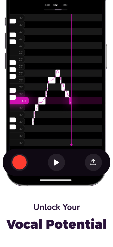 A smartphone displaying a real-time vocal pitch graph and pitch monitor for singing practice