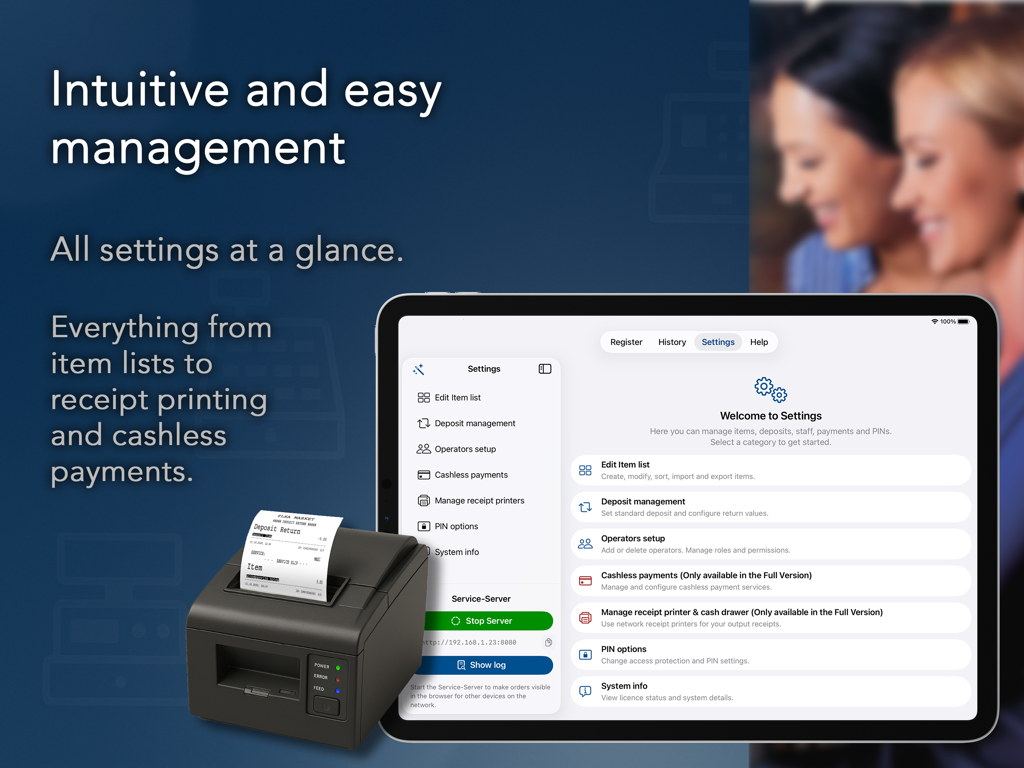 Tela de configurações da Caixa de Eventos em um iPad ao lado de uma impressora de recibos