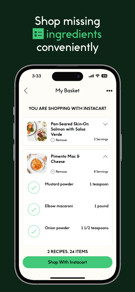 Schermata dell'app CHEF iQ che mostra il carrello della spesa per gli ingredienti della ricetta con integrazione Instacart