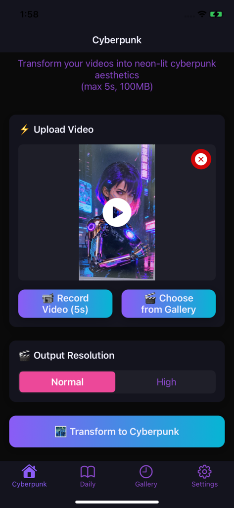 AI Siren app interface for transforming videos into neon-lit cyberpunk aesthetics