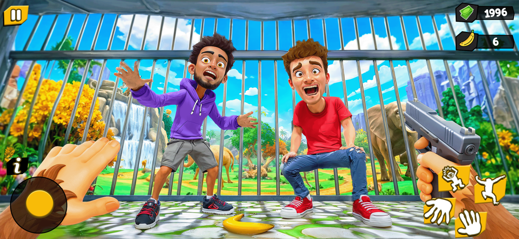 I'm Naughty Monkey Prank Game - Un mono gastando una broma a dos personajes detrás de las rejas en un zoológico