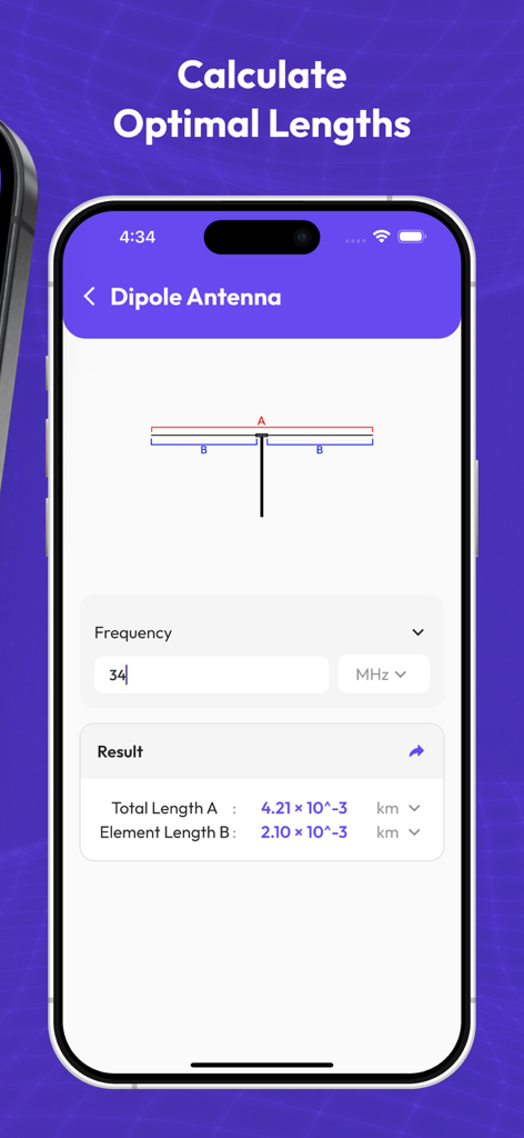Amateur Radio Toolkit 2025 - Amateur Radio Toolkit app showing a dipole antenna length calculator with frequency input and result dimensions.