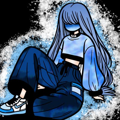 a girl with baggy pants and a crop top with long hair