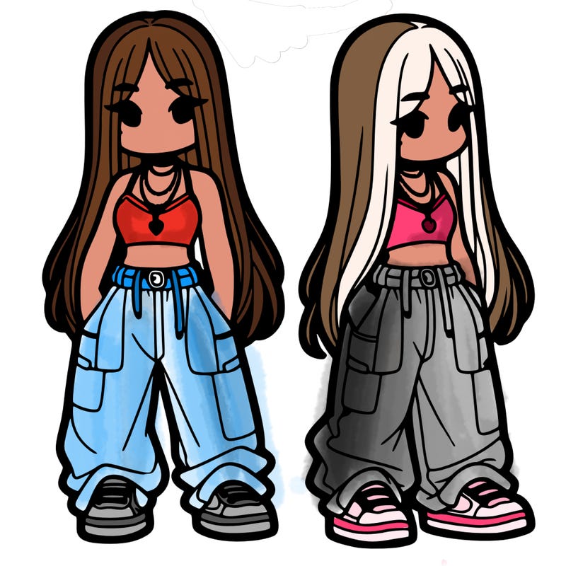 girl in baggy pants crop top and long hair