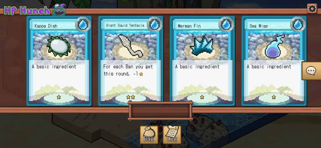 Hodgepodge Hunch - Four pixel art ingredient cards for a hotpot recipe in Hodgepodge Hunch