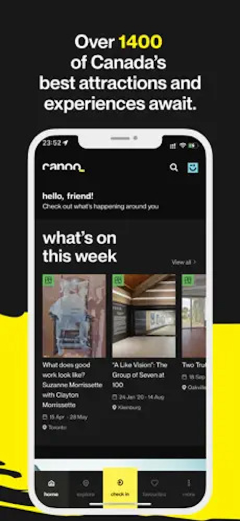 Canoo 앱 홈 화면으로, 캐나다의 신규 이민자를 위한 문화 명소 및 행사를 보여줍니다.