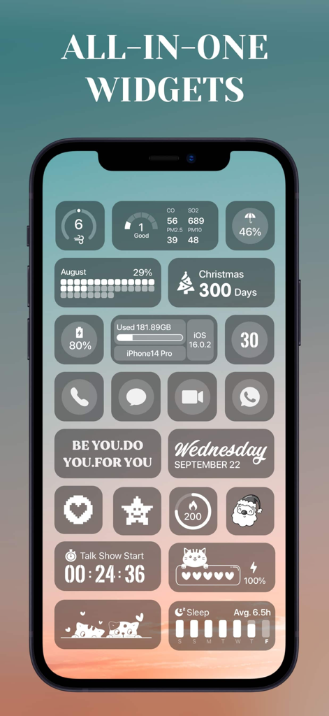 LockWidget - LockScreen Themes - iPhone home screen displaying a variety of aesthetic custom widgets including weather, health, and pixel pets from the LockWidget app