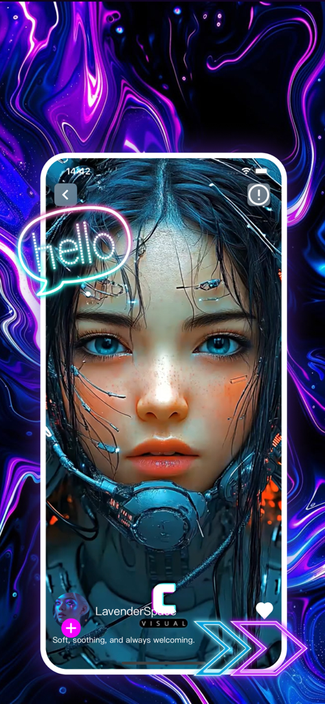 Hilo - Connect, Share, Enjoy - A futuristic digital portrait of a girl with cyberpunk tech enhancements and a neon hello bubble in the Hilo app