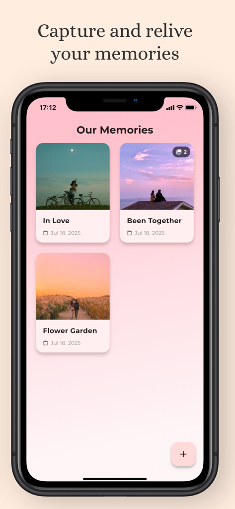 Interface showing saved memories and photos in the Been Together love counter app