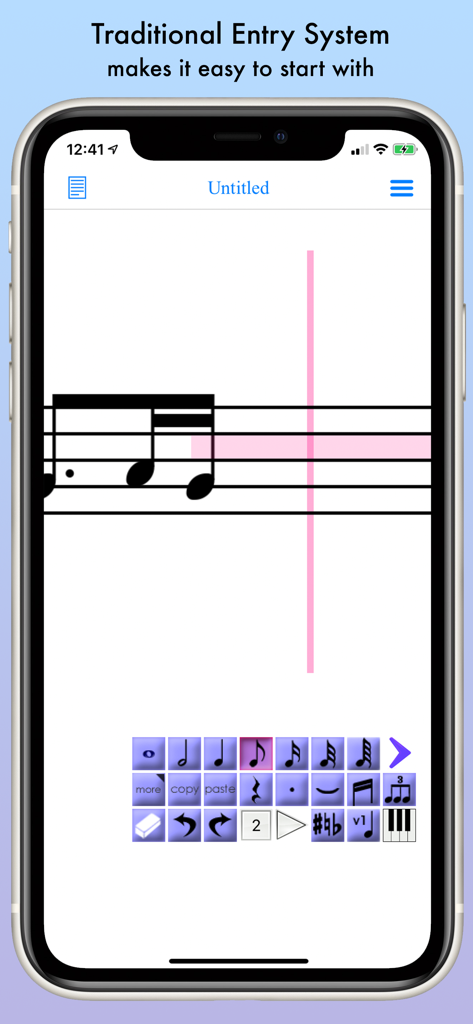 Traditional entry system for music notation on the iWriteMusic app showing a musical staff and note selection toolbar