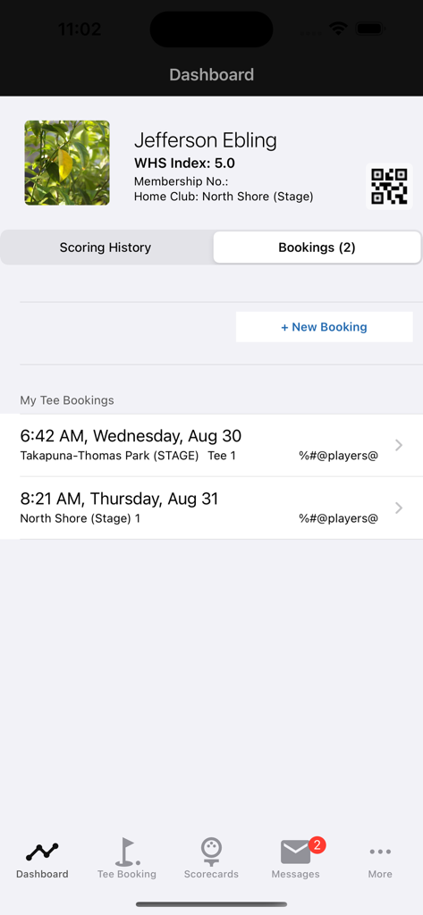 Dashboard of the Golf NZ app displaying user handicap index and upcoming tee time bookings