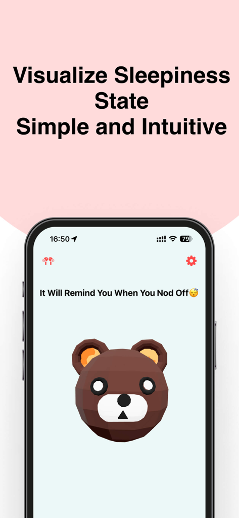 Fatigue Alert - Stay Awake - Fatigue Alert app interface showing a bear character that visualizes the user's sleepiness state through head posture monitoring.