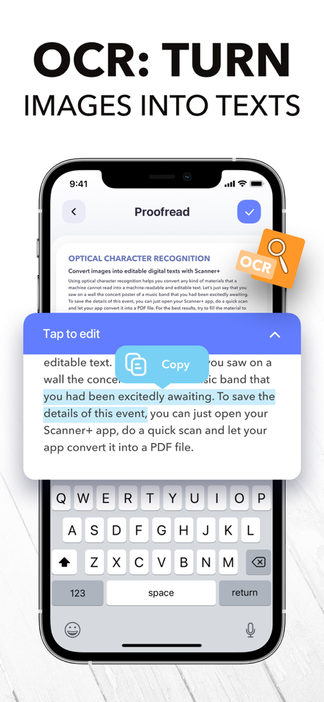 PDF Scanner App: Scanner+ Docs - Pantalla de smartphone demostrando la función OCR para convertir imágenes escaneadas en texto editable